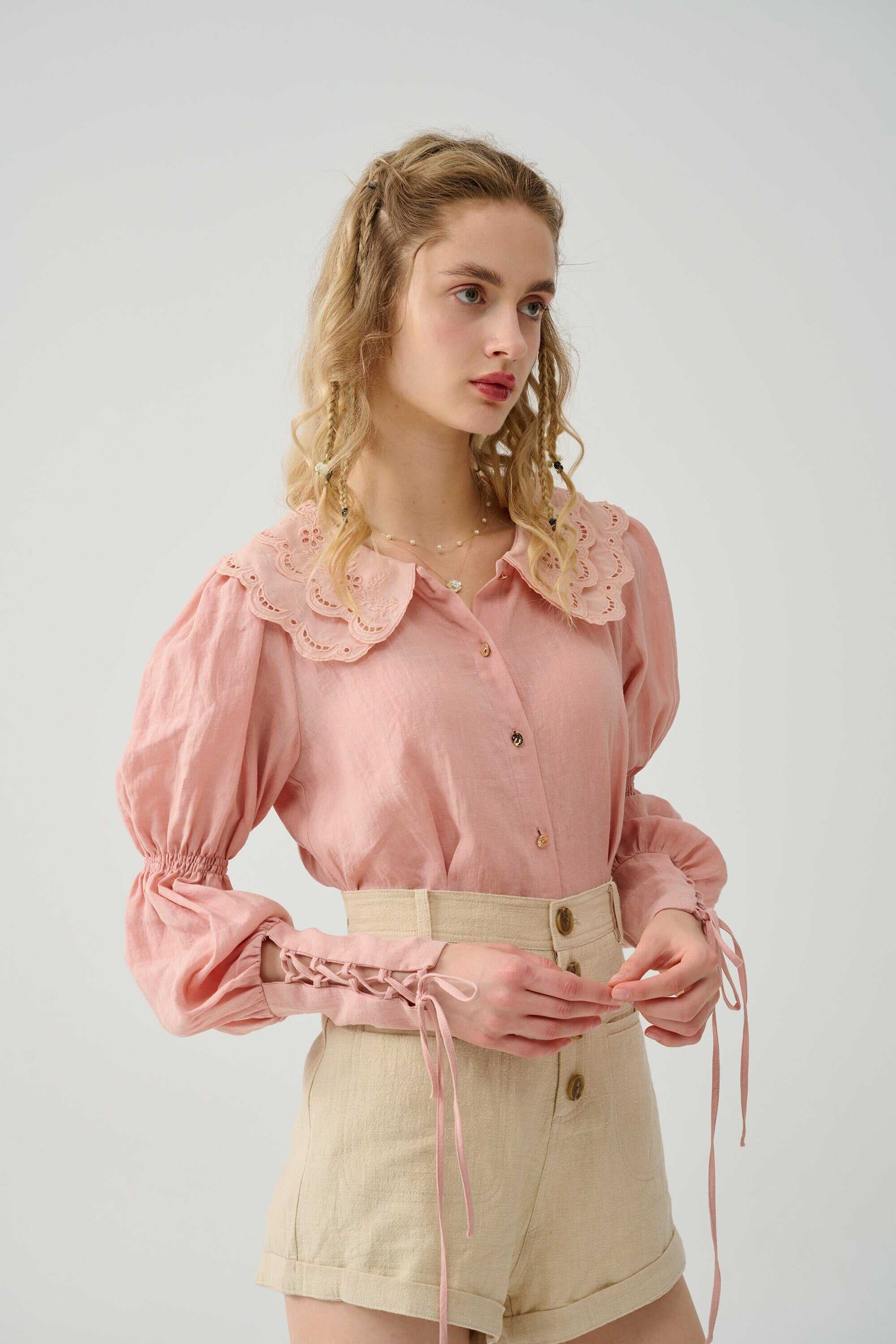 Linennaive, Darcy 13 | lace up linen blouse with lace