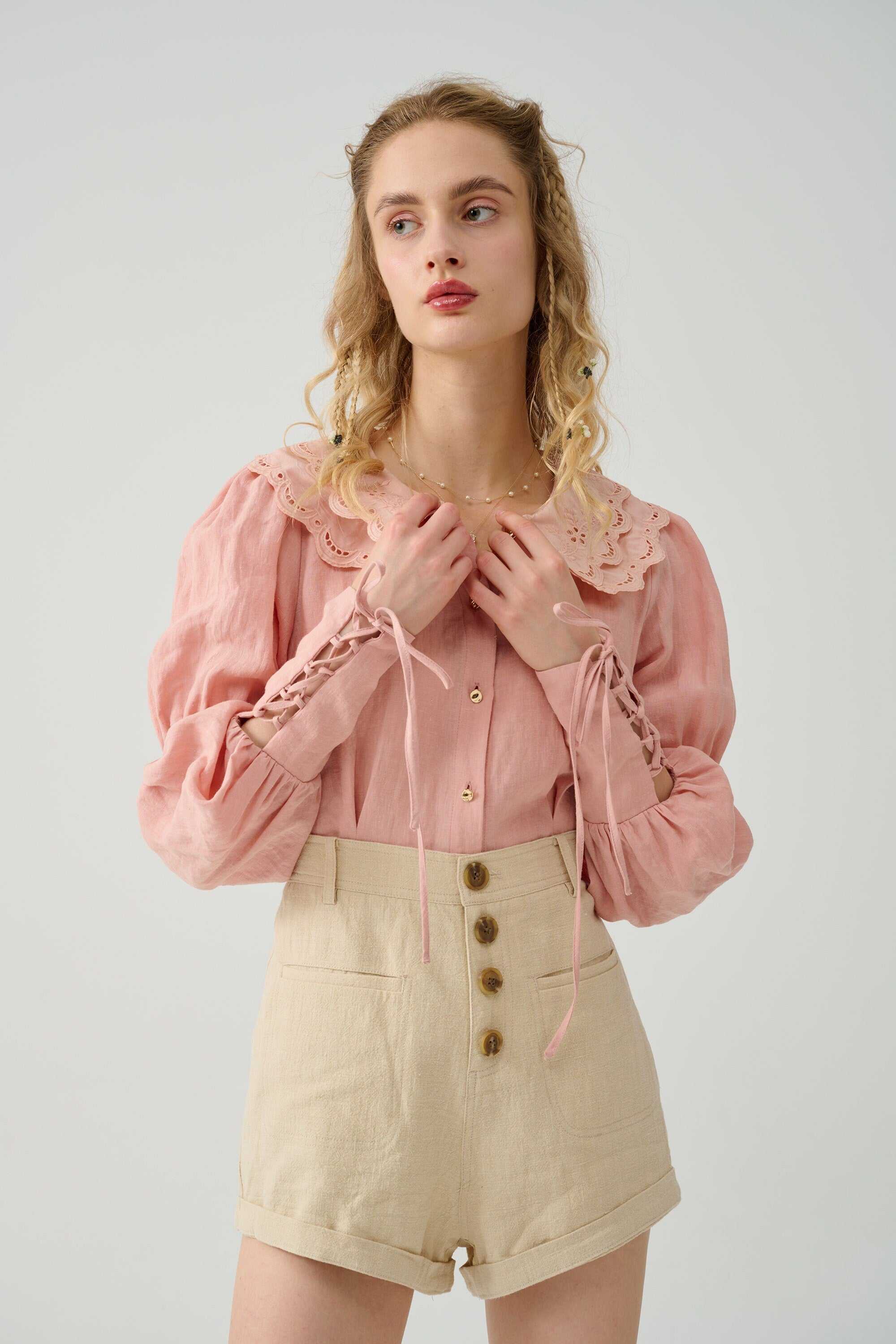 Linennaive, Darcy 13 | lace up linen blouse with lace