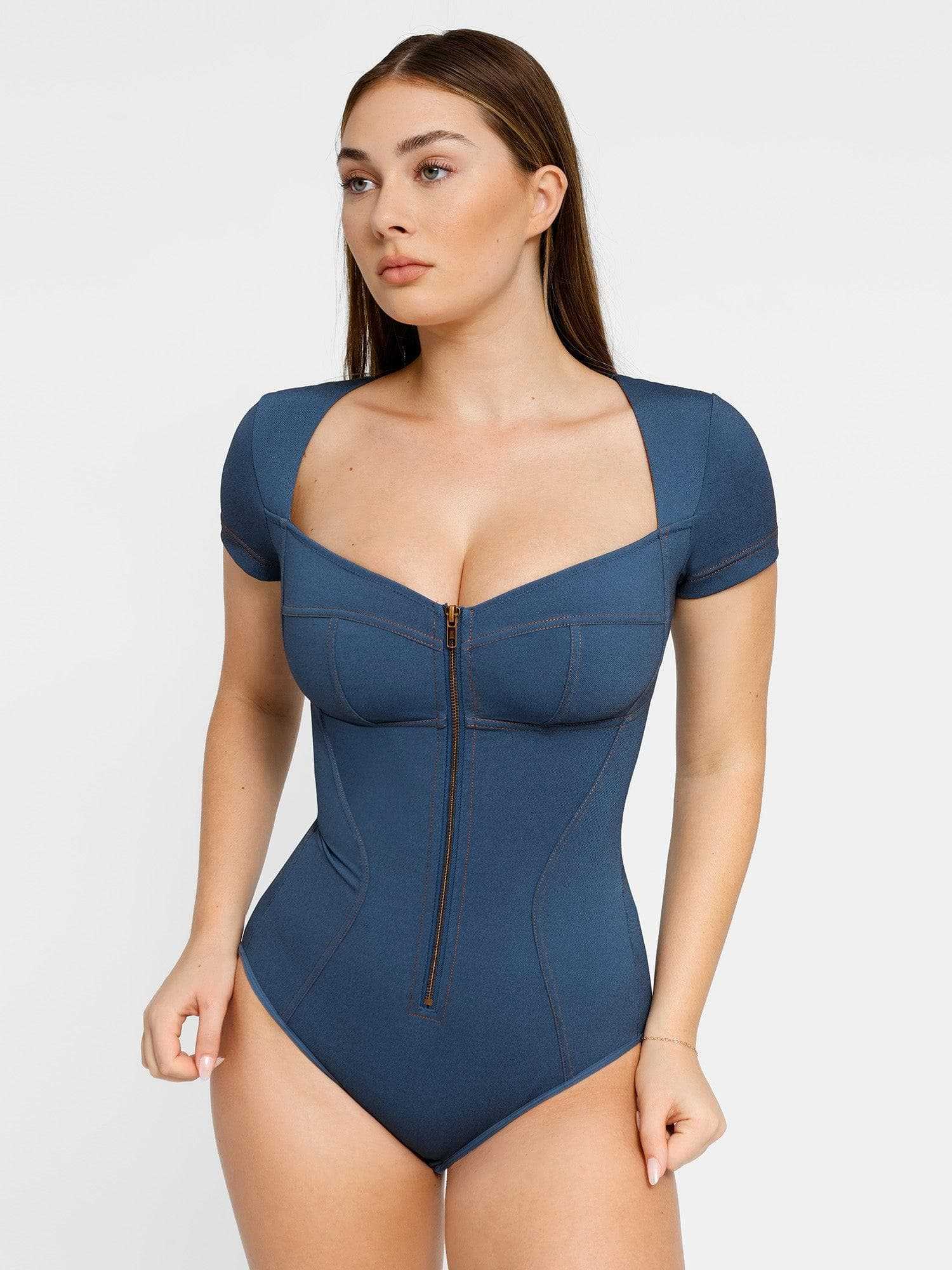 Popilush®, Denim V-Neck Short Sleeve Bodysuit
