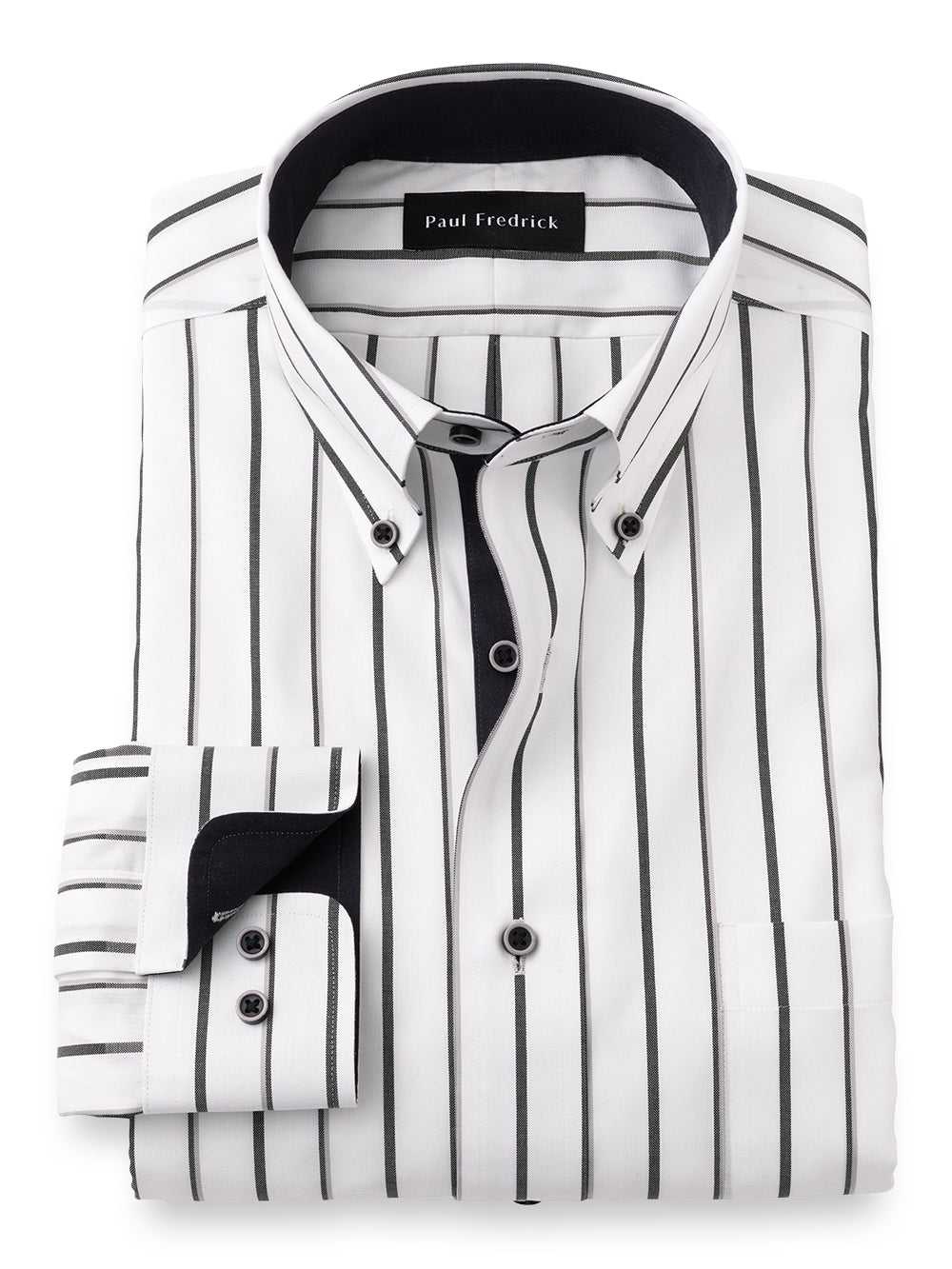 Paul Fredrick, Non-iron Cotton Stripe Dress Shirt With Contrast Trim
