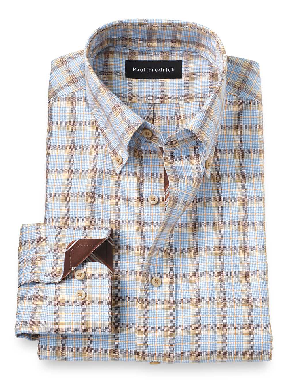 Paul Fredrick, Slim Fit Non-iron Cotton Check Dress Shirt With Contrast Trim