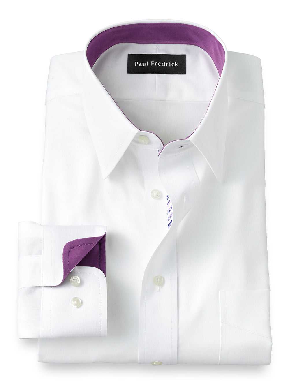 Paul Fredrick, Slim Fit Non-iron Cotton Solid Dress Shirt With Contrast Trim