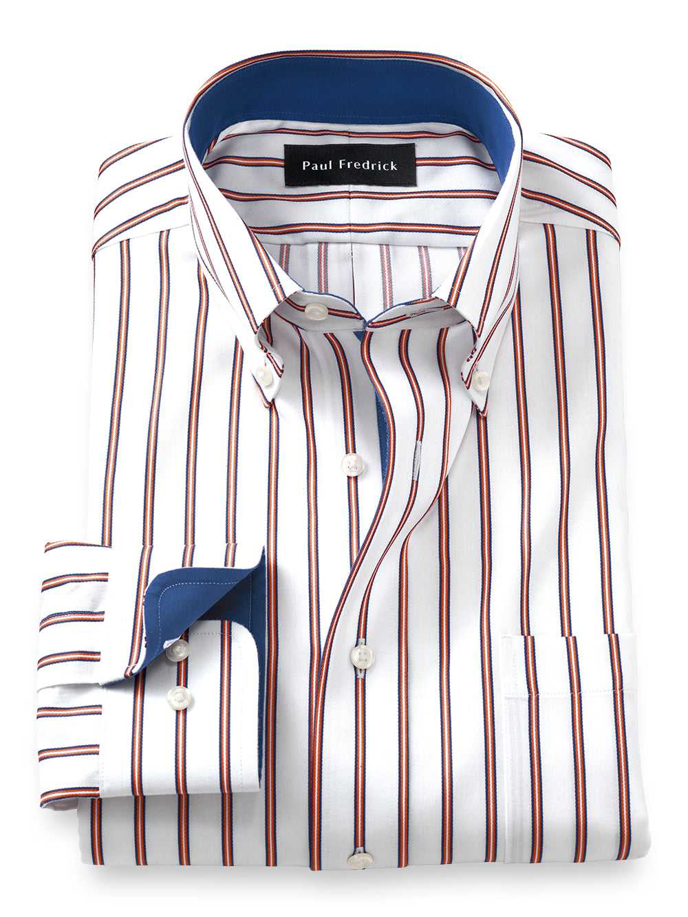 Paul Fredrick, Slim Fit Non-iron Cotton Stripe Dress Shirt With Contrast Trim