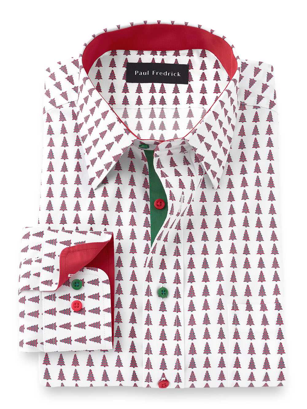 Paul Fredrick, Tailored Fit Non-iron Cotton Christmas Tree Dress Shirt With Contrast Trim