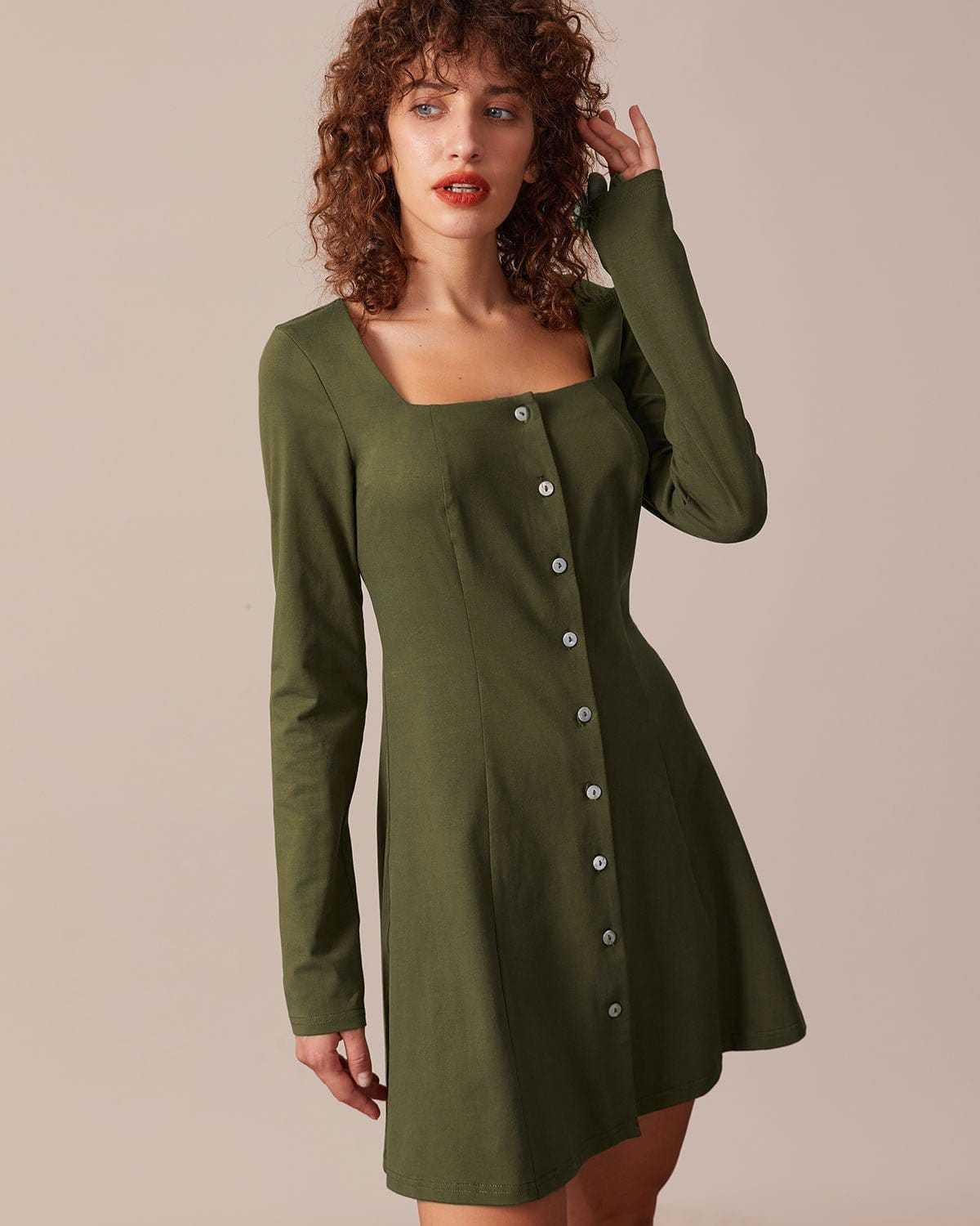 Rihoas, The Army Green Square Neck Button Mini Dress