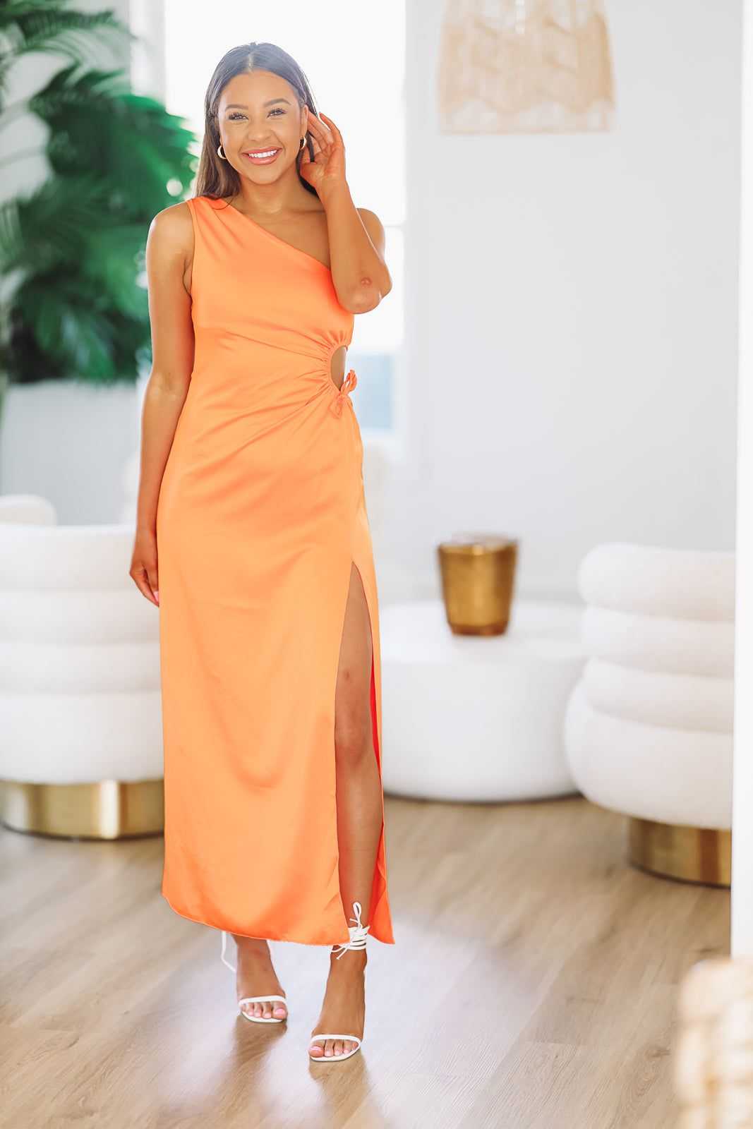 HAZEL & OLIVE, Tropical Sunset Satin Maxi Dress - Orange
